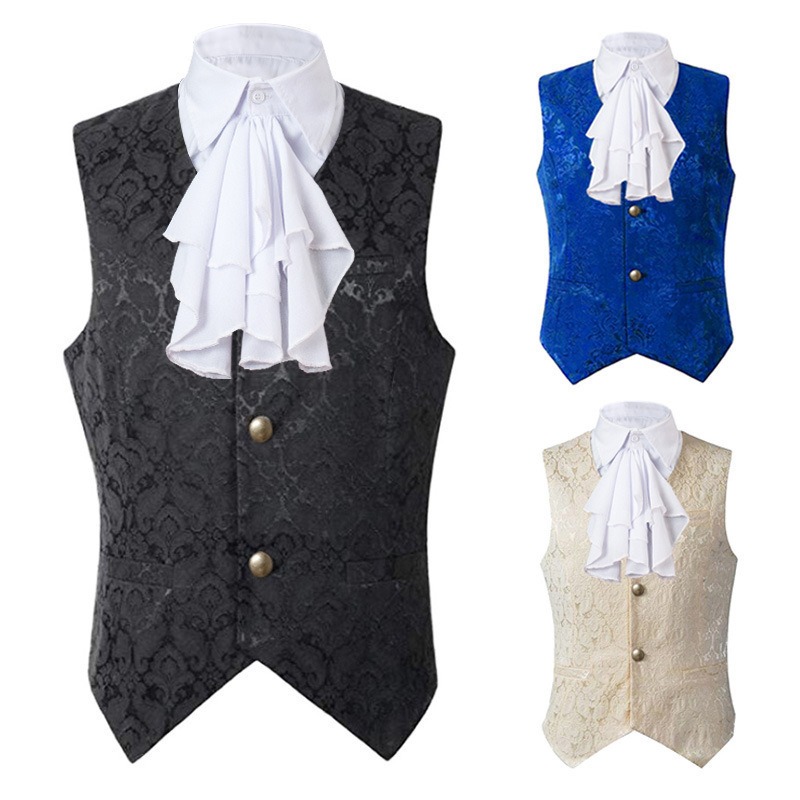 Formal Vest Waistcoat - เสื้อกั๊กสตีมพังค์ยุคเรอเนซองส์สำหรับผู้ชาย เสื้อโค้ทคอสเพลย์ฮาโลวีน เสื้อกั๊กผ้าแจ็คการ์ดสไตล์กอธิค เสื้อกั๊กชุดทางการสำหรับธุรกิจ พร้อมปกเสื้อปลอมสำหรับสูท