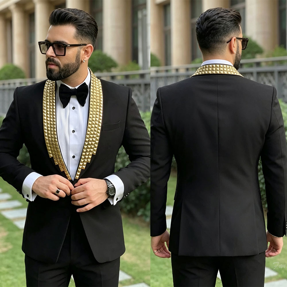 Wool Suit Jacket - ชุดสูทผู้ชายสมัยใหม่ ชุดทักซิโด้ ประดับลูกปัด ปกเสื้อแบบโปร่ง 2 ชิ้น