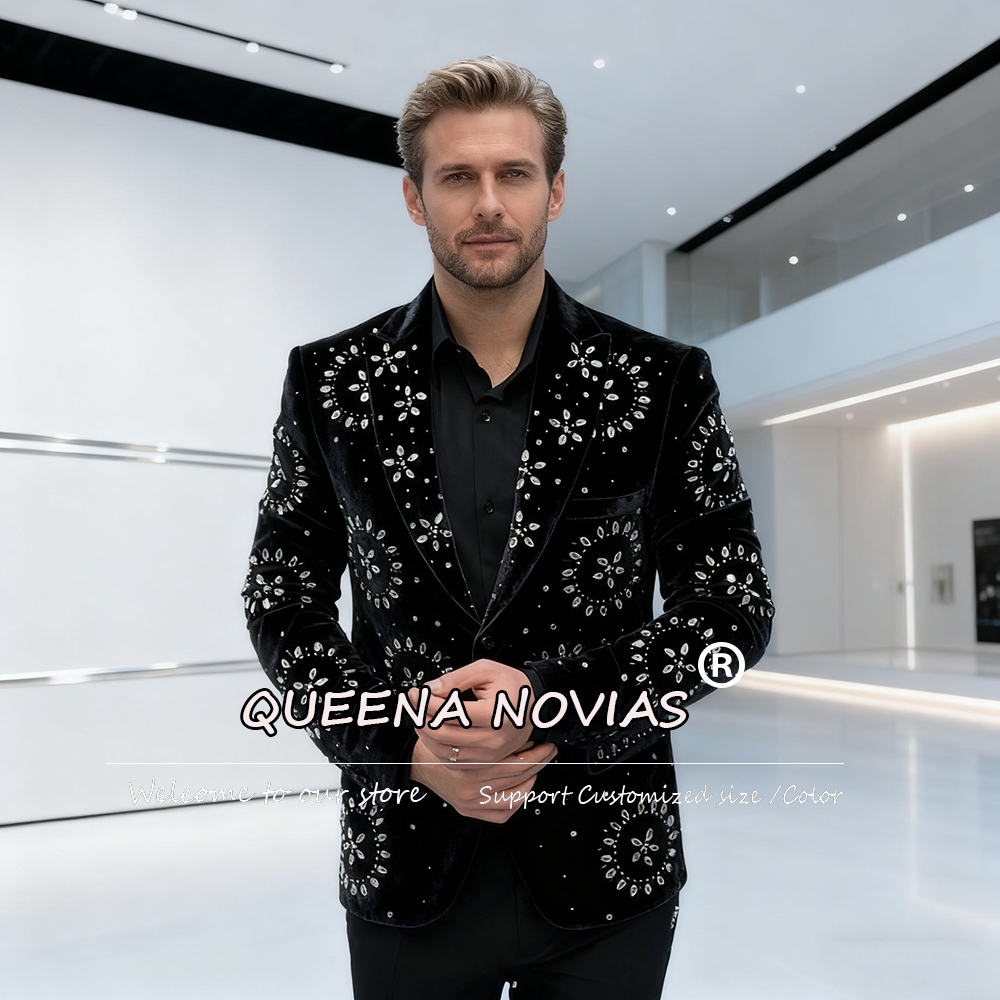 Men'S Formal Dinner Wear - ชุดสูทเพชรหรูหราสำหรับผู้ชายสำหรับงานแต่งงาน 2 ชิ้น ชุดสูทกำมะหยี่สำหรับงานพรอม ชุดเจ้าบ่าวสำหรับงานเลี้ยงอาหารค่ำอย่างเป็นทางการ ชุดทักซิโด้สั่งตัดได้