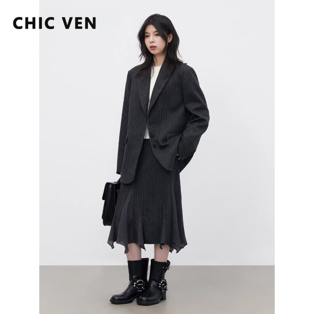 Wool Suit Jacket - ชุดเซ็ตแฟชั่นผู้หญิง CHIC VEN เสื้อเบลเซอร์ผ้าขนสัตว์ทรงหลวม สไตล์ลำลอง ชุดทำงาน