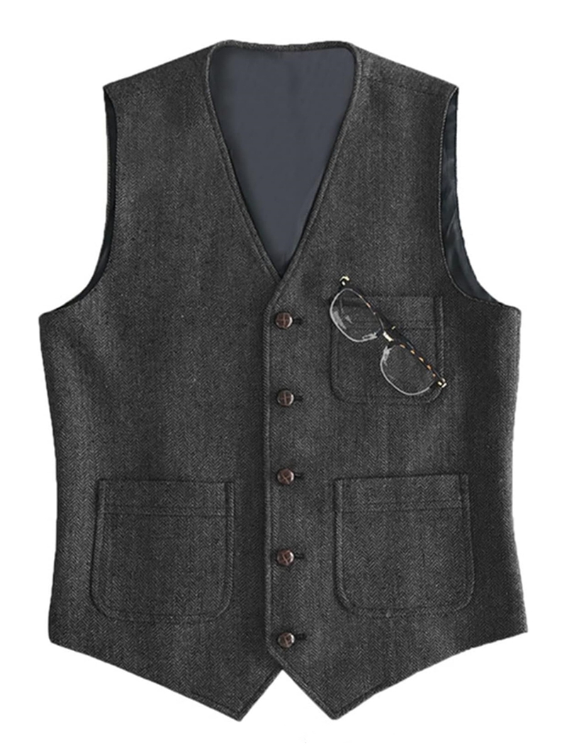 Formal Vest Waistcoat - เสื้อกั๊กผู้ชายแบบเป็นทางการ คอวี ผ้าขนสัตว์สีเขียว ลายเฮอร์ริงโบนทวีด สำหรับงานลำลอง ธุรกิจ