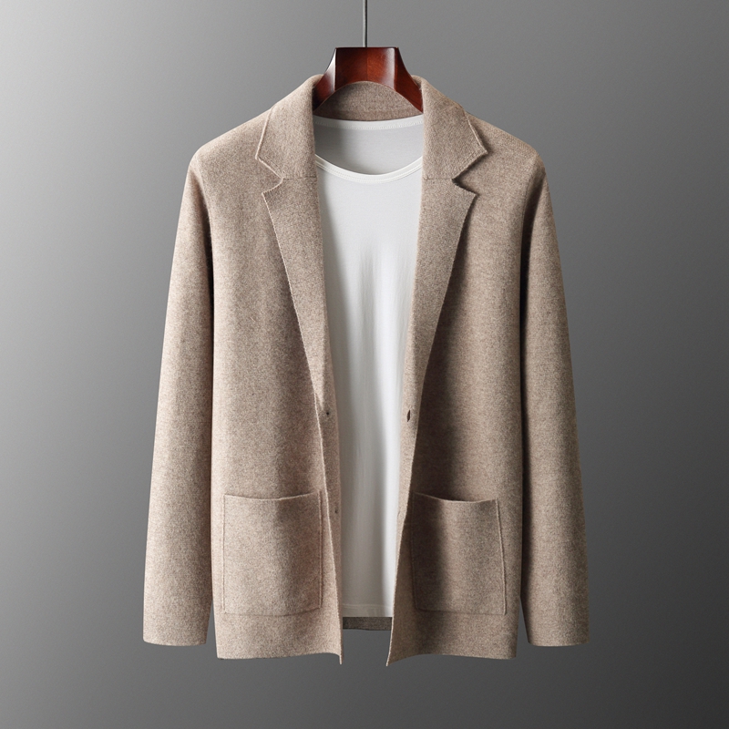 Wool Suit Jacket - ชุดสูทขนแกะเมอริโน100% สำหรับผู้ชายเสื้อสเวตเตอร์ถักคาร์ดิแกนถักสีพื้นหนาเสื้อแจ็คเก็ตแคชเมียร์สำหรับฤดูใบไม้ร่วงฤดูหนาว