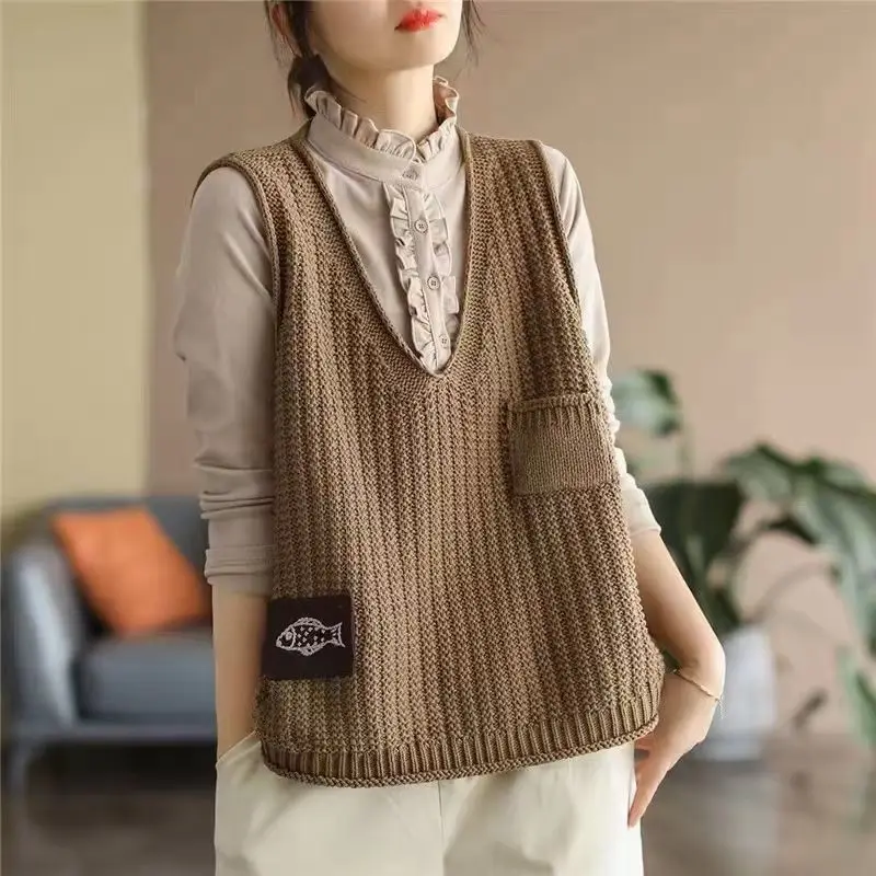 Formal Vest Waistcoat - เสื้อสเวตเตอร์แฟชั่นผู้หญิงแบบลำลองและเป็นทางการ ทรงครอป แบบสวม ไม่มีแขน ถักนิตติ้ง เสื้อกั๊กสั้น