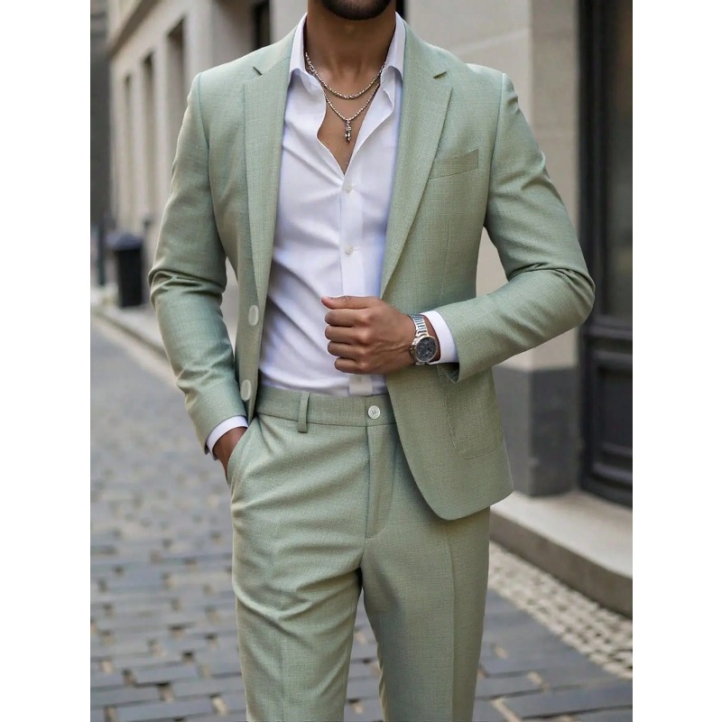 Men'S Formal Dinner Wear - ชุดสูทและกางเกงสีพื้นสำหรับนักธุรกิจ ทรงเข้ารูปพร้อมกระเป๋าขนาดใหญ่ เหมาะสำหรับใส่ในฤดูใบไม้ผลิและฤดูใบไม้ร่วง สำหรับงานเลี้ยงอาหารค่ำและงานแต่งงาน