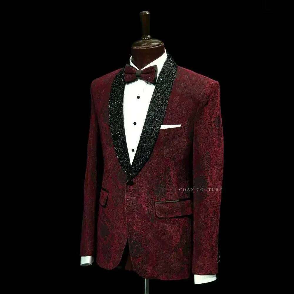 Men Formal Wear Red - ชุดสูทผู้ชายสีแดงเข้มแบบเป็นทางการ ผ้าแจ็คการ์ดทอลายสองชิ้น ชุดเจ้าบ่าว เสื้อแจ็คเก็ต + กางเกง