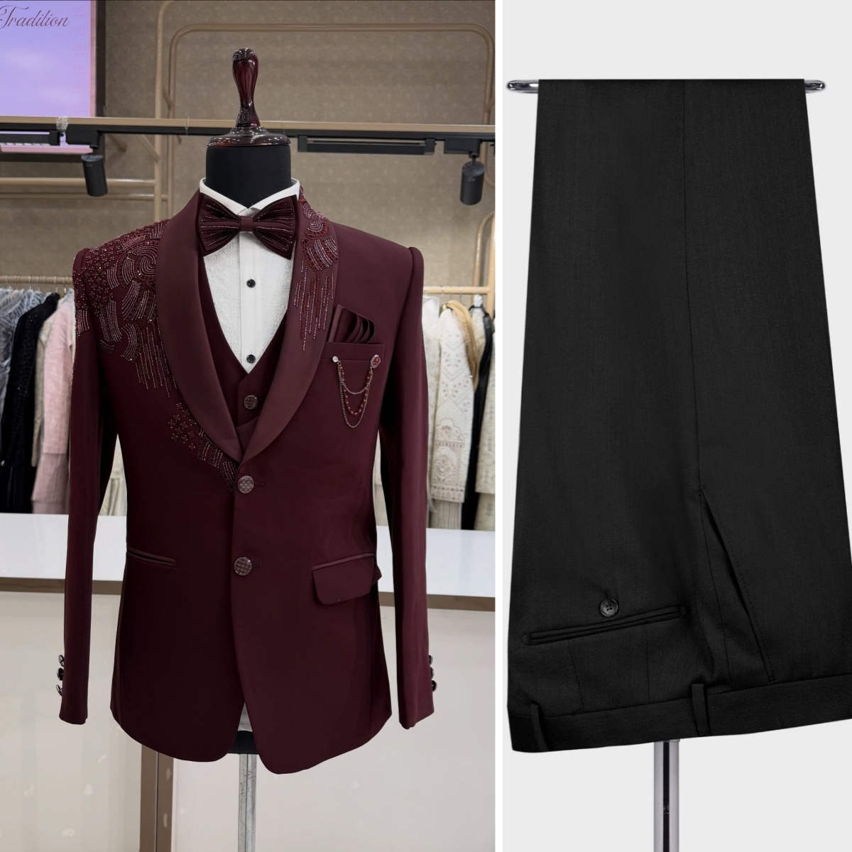 Men Formal Wear Red - ชุดทักซิโด้เจ้าบ่าว 3 ชิ้น ประดับคริสตัล ชุดสูททางการสำหรับผู้ชาย สีแดง