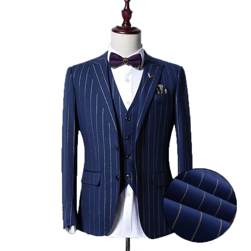 Wool Suit Jacket - ชุดสูทผู้ชายลายทางสีทอง Auriparus flaviceps แบบ 3 ชิ้น