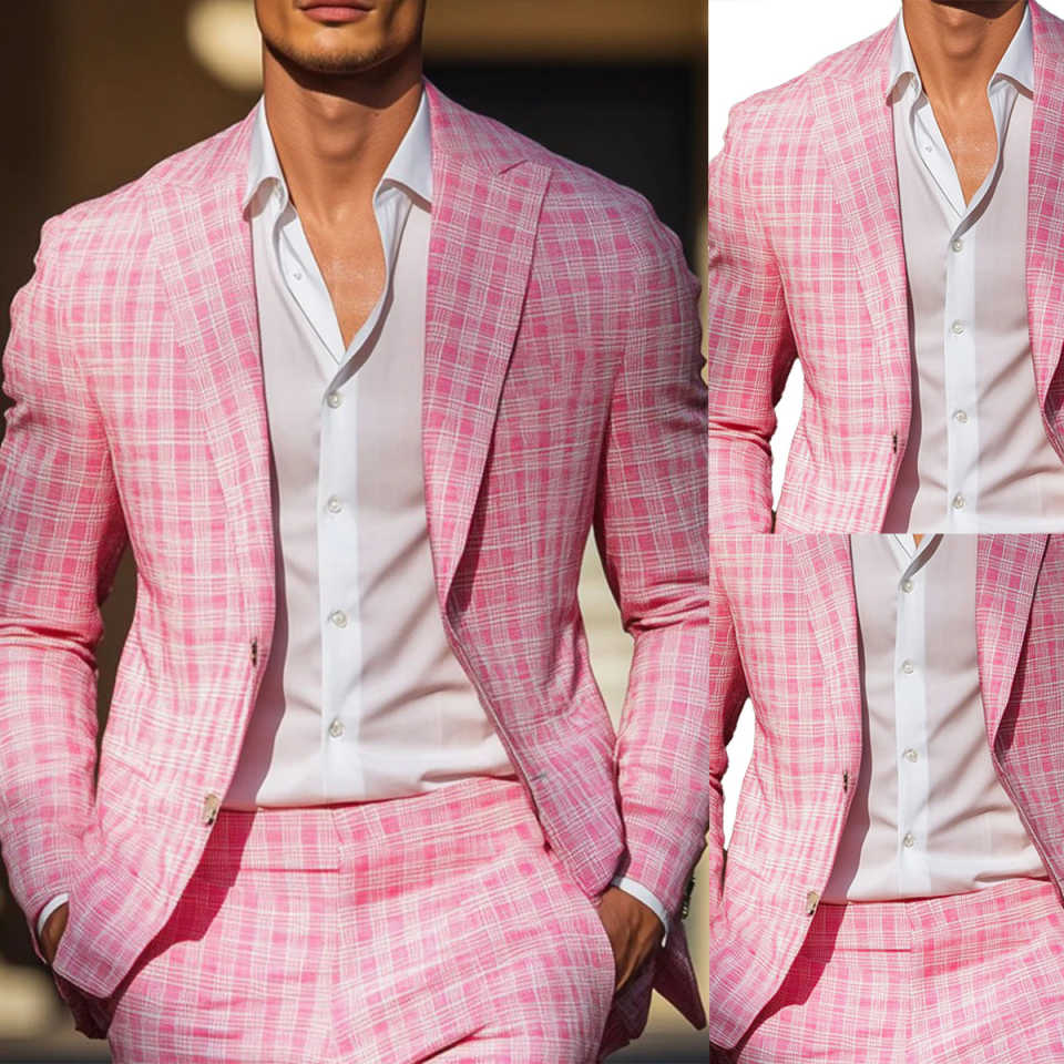 Men Formal Wear Pink - ฤดูร้อนลายสก๊อตสีชมพู Mens Tuxedos Peaked Lapel อย่างเป็นทางการวันเกิดเจ้าบ่าวสวมใส่ที่กําหนดเองคอสเพลย์ชุด