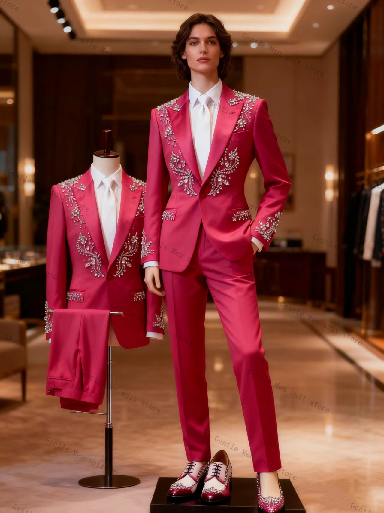 Men Formal Wear Pink - ชุดสูทผู้ชายสีชมพู 2 ชิ้น เสื้อสูท+กางเกงขายาว ประดับคริสตัล ชุดทักซิโด้เจ้าบ่าวงานแต่งงาน