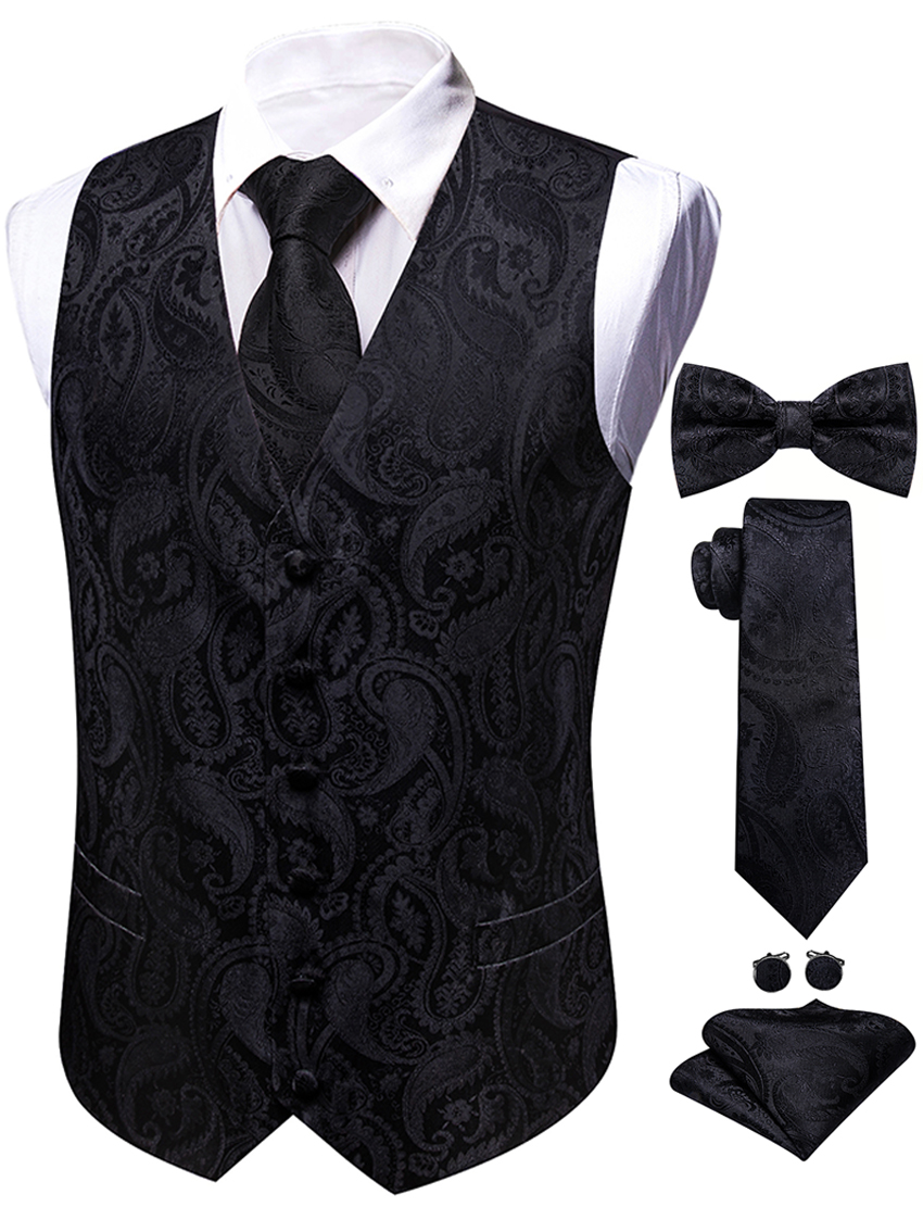 Formal Vest Waistcoat - ชุดเสื้อกั๊กสูทลายดอกไม้สีดำสำหรับผู้ชาย 5 ชิ้น พร้อมเนคไทโบว์ไท ผ้าพันคอ และผ้าเช็ดหน้า