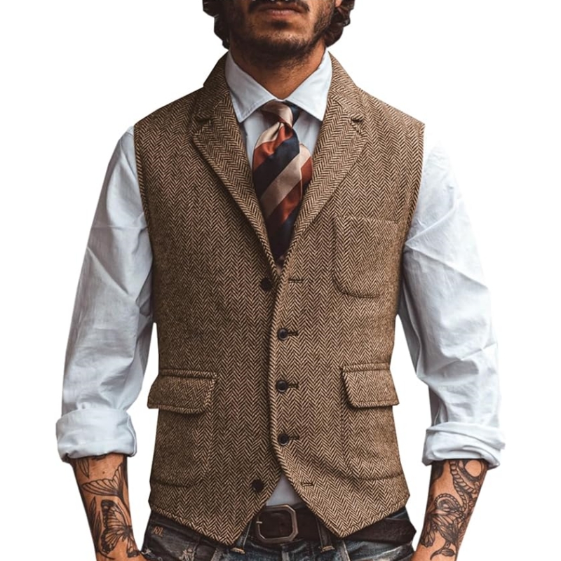 Formal Vest Waistcoat - เสื้อกั๊กสูทผู้ชายคอวีแบบใหม่ สไตล์ลำลอง คลาสสิก สำหรับงานทางการ ธุรกิจ ลายก้างปลา