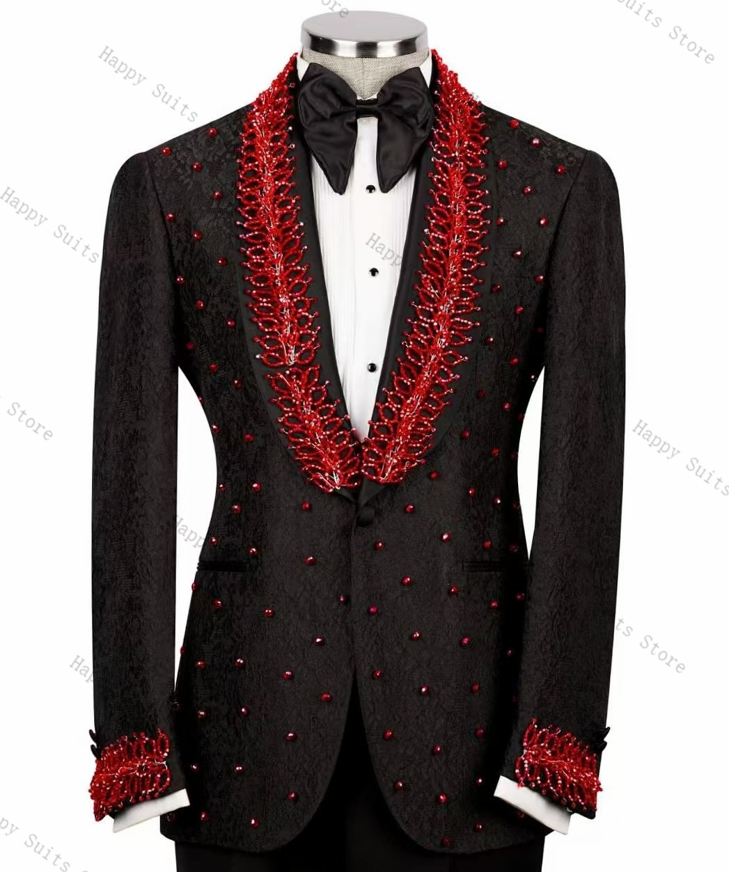 Men Formal Wear Red - ชุดสูทผู้ชายสีแดงคริสตัล 2 ชิ้น เสื้อสูทสีดำ+กางเกงขายาว ชุดทำงานทางการ เสื้อโค้ทสำหรับฤดูใบไม้ร่วง