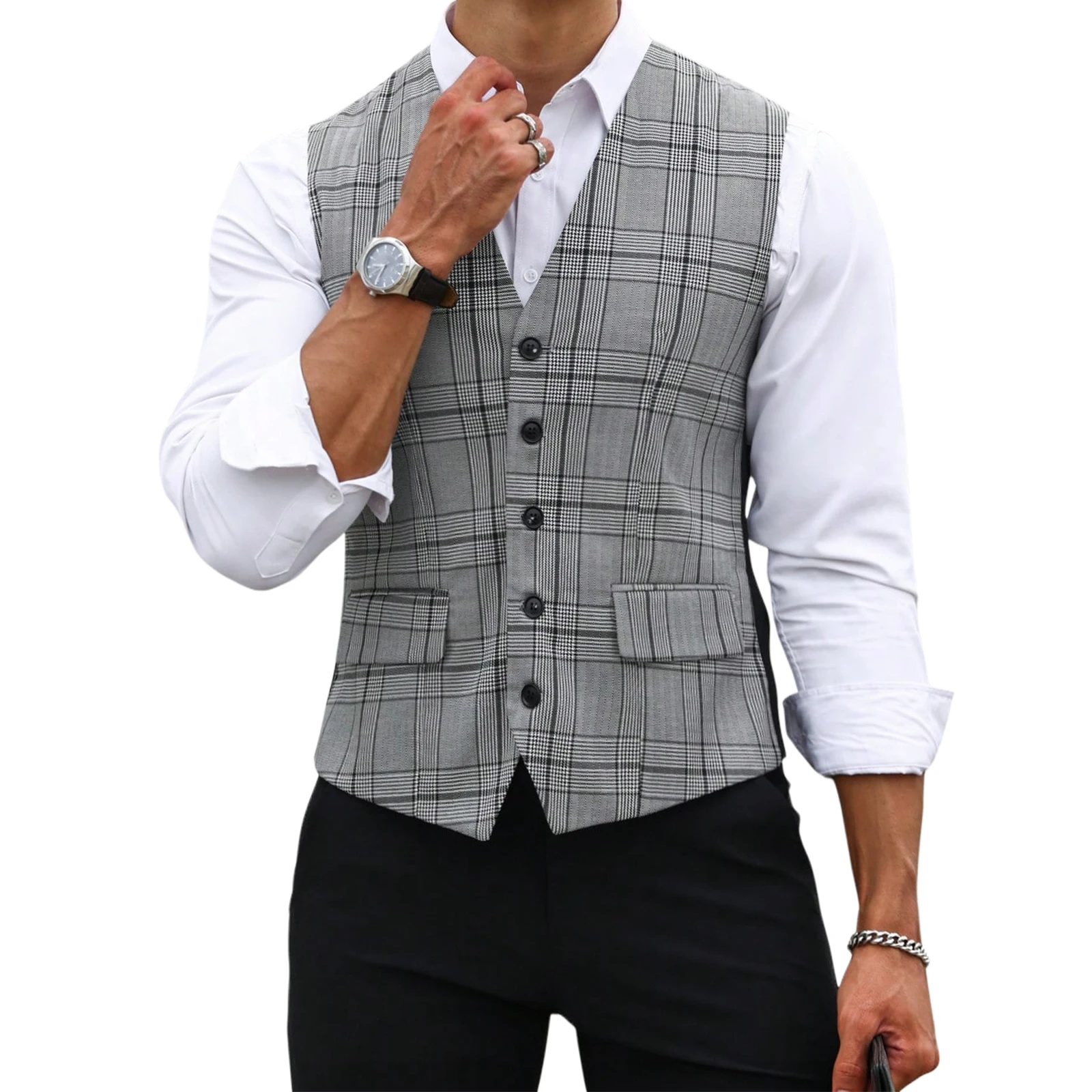 Formal Vest Waistcoat - เสื้อกั๊กสูทลายสก๊อตสีเทาสำหรับผู้ชาย ทรงเข้ารูป คอวี กระดุมแถวเดียว เสื้อกั๊กสำหรับงานทางการ ธุรกิจ