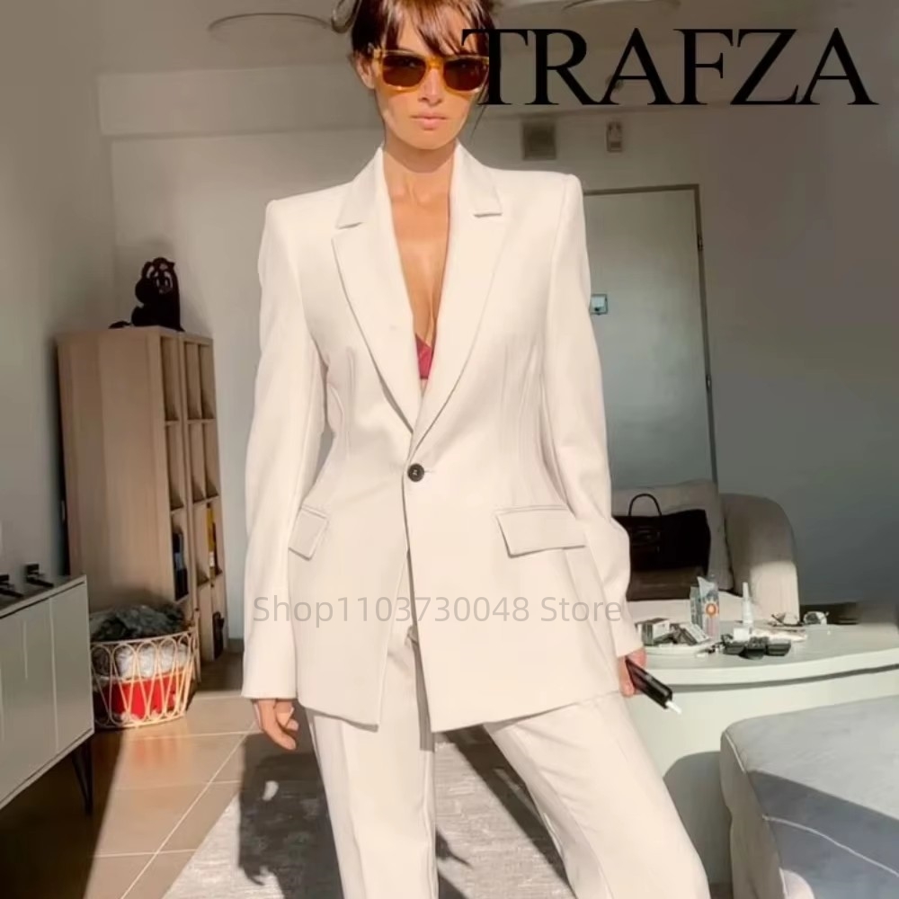 Wool Suit Jacket - แฟชั่นชุดสูทสตรีสำหรับออฟฟิศ เสื้อเบลเซอร์และกางเกงขายาว สีขาว/แดง ชุดทำงานสำหรับผู้หญิง ชุดทำงาน 2