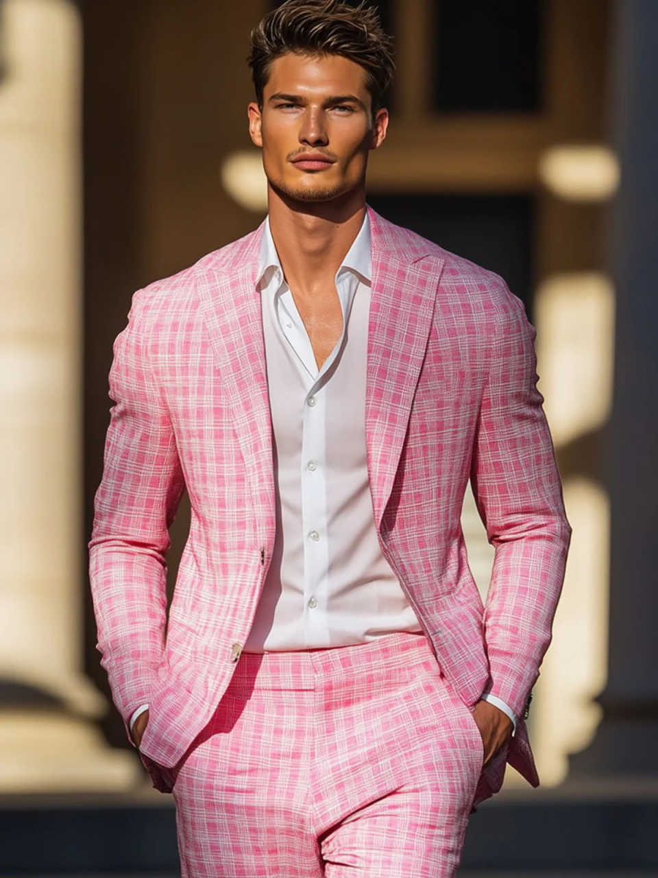ฤดูร้อนลายสก๊อตสีชมพู Mens Tux - Men Formal Wear Pink บทวิจารณ์และราคา