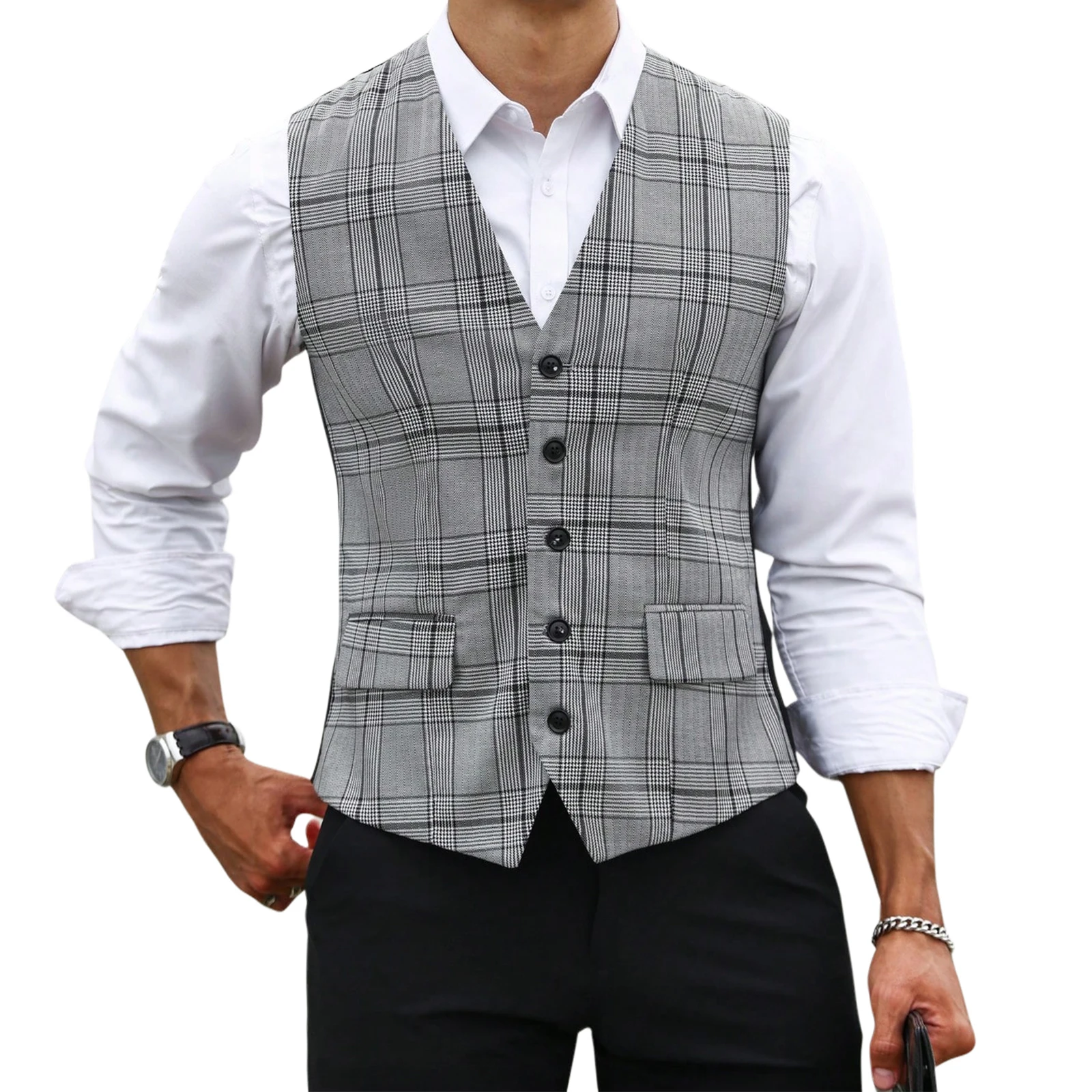 เสื้อกั๊กสูทลายสก๊อตสีเทาสำหรั - Formal Vest Waistcoat บทวิจารณ์และราคา