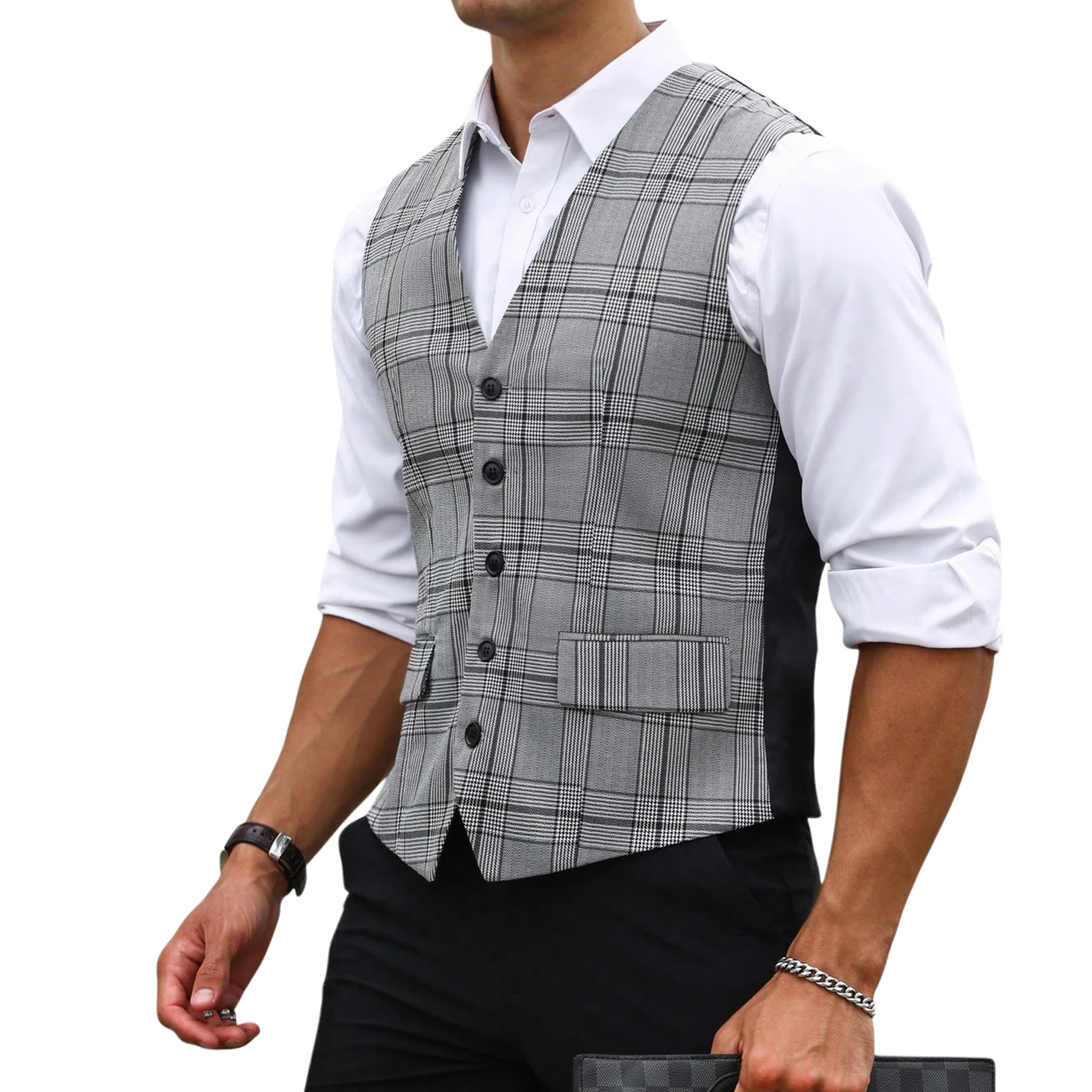 เสื้อกั๊กสูทลายสก๊อตสีเทาสำหรั - Formal Vest Waistcoat บทวิจารณ์และราคา